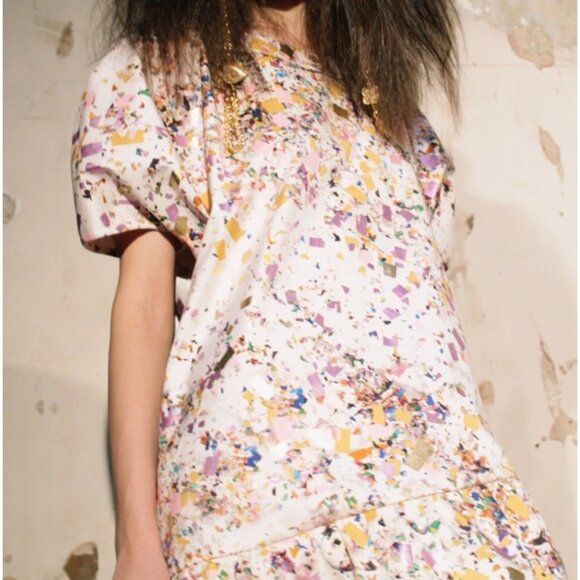 CYNTHIA ROWLEY Cream Splash Art Silk Flounce Dress Sz 0 NWOT - Picture 1 of 7